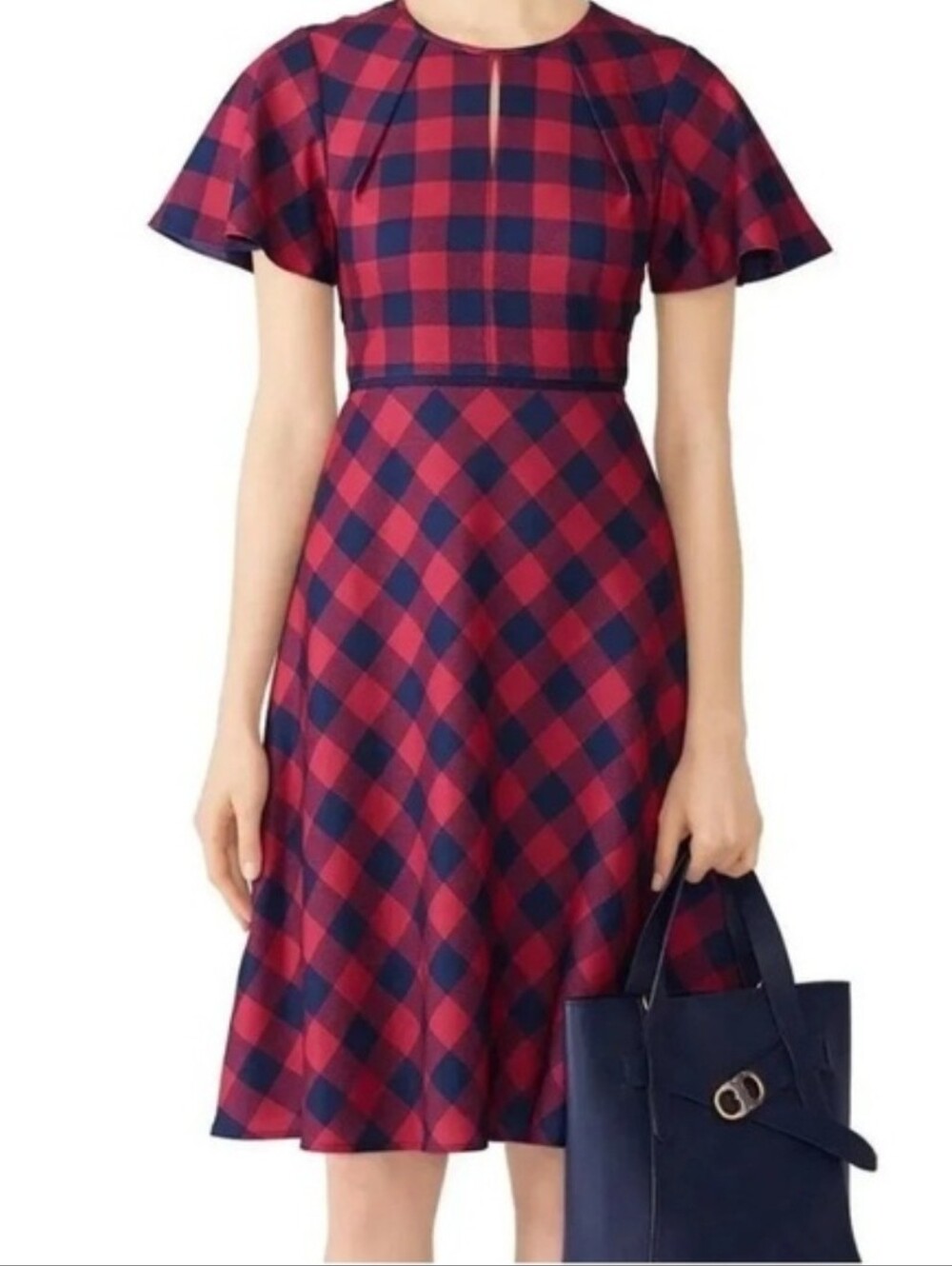Draper James Red and Navy Check Midi Dress - Size 14